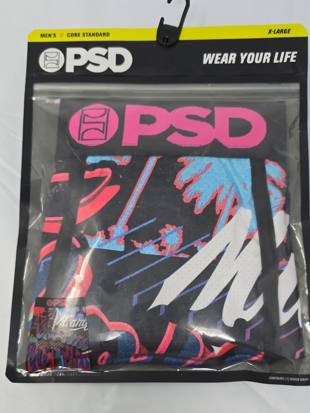 PSD Men’s Miami Black Boxer Briefs with Neon Pink & Bright Blue Palm Print -